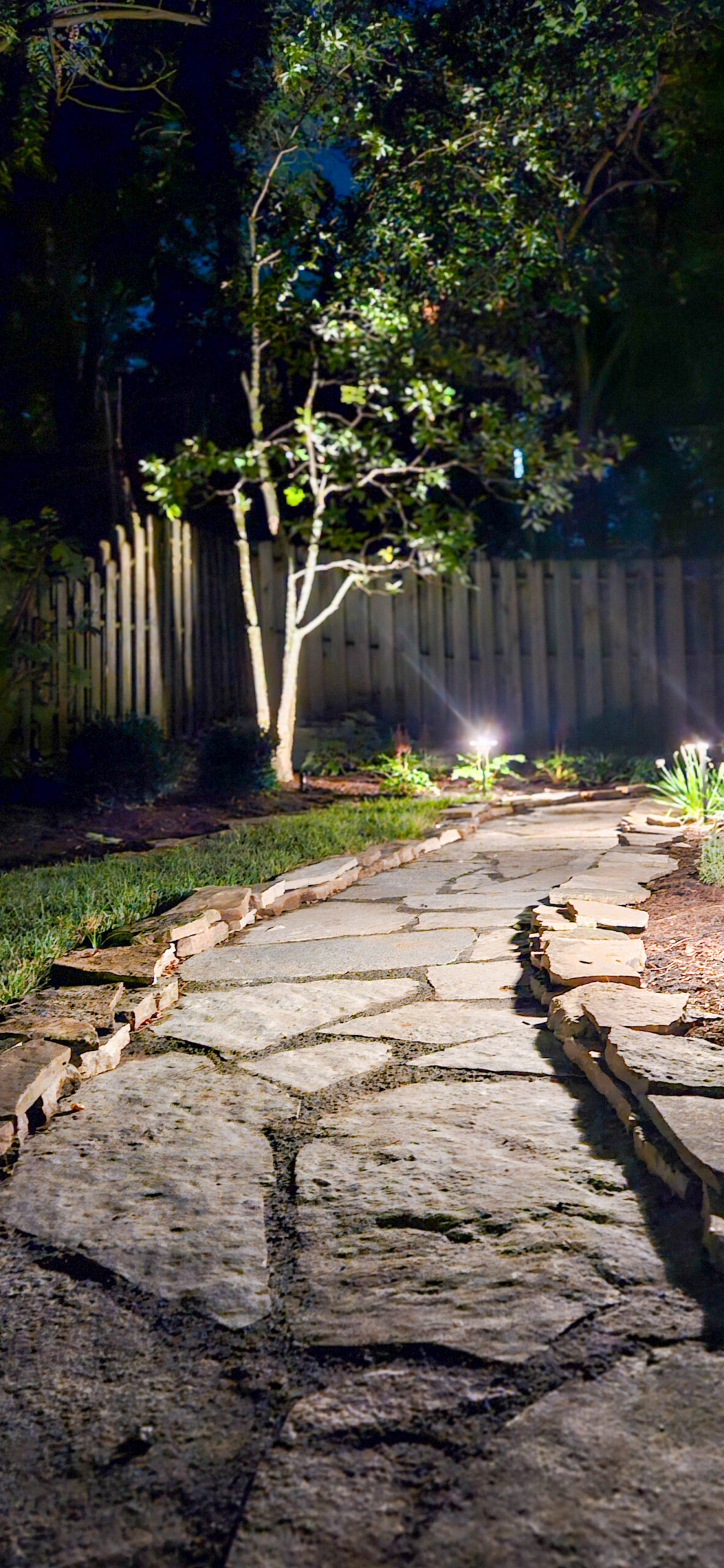 Stone walkway leading through plantings to a front entry