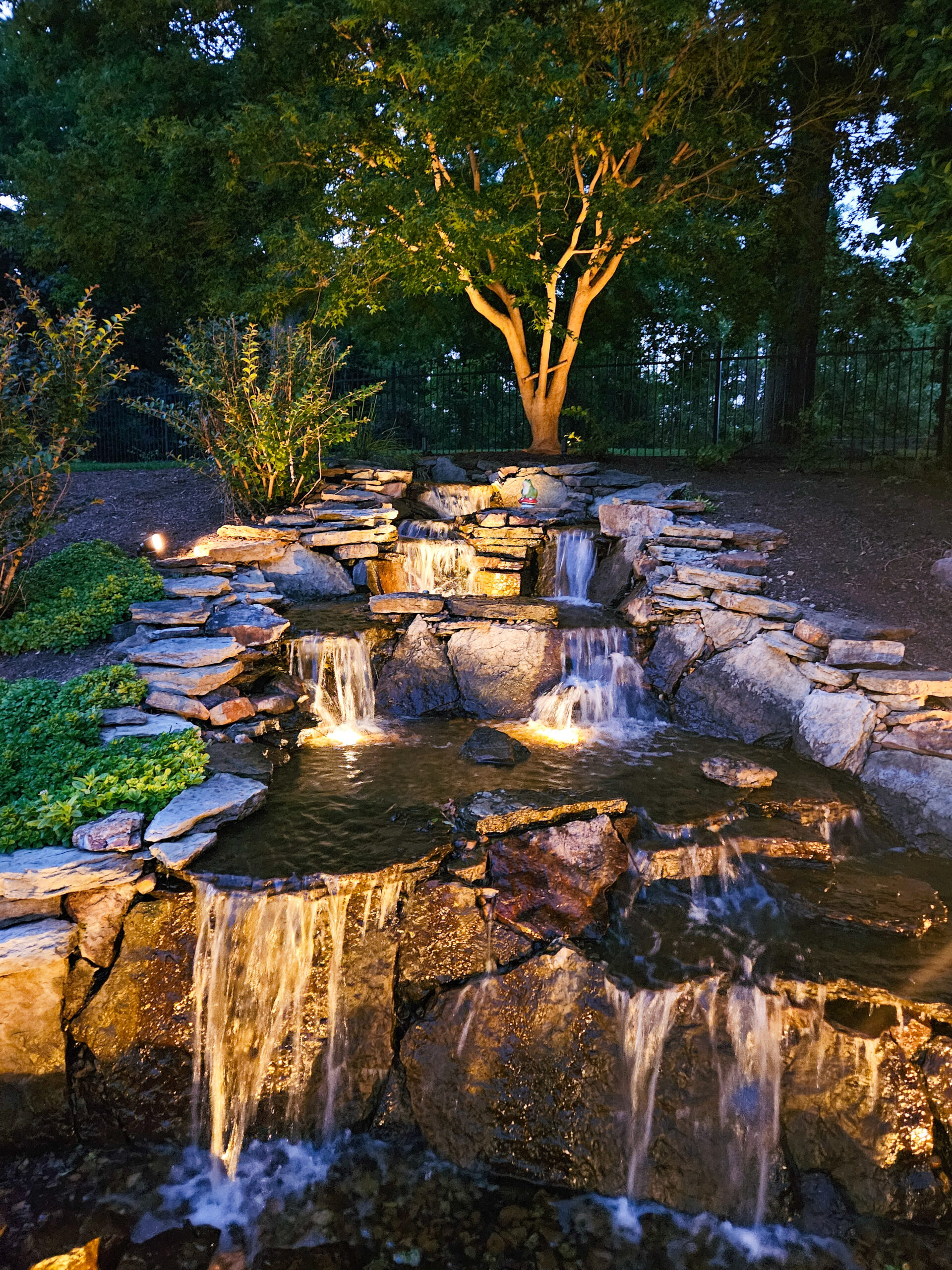 Landscape lighting on a St. Louis property after dark