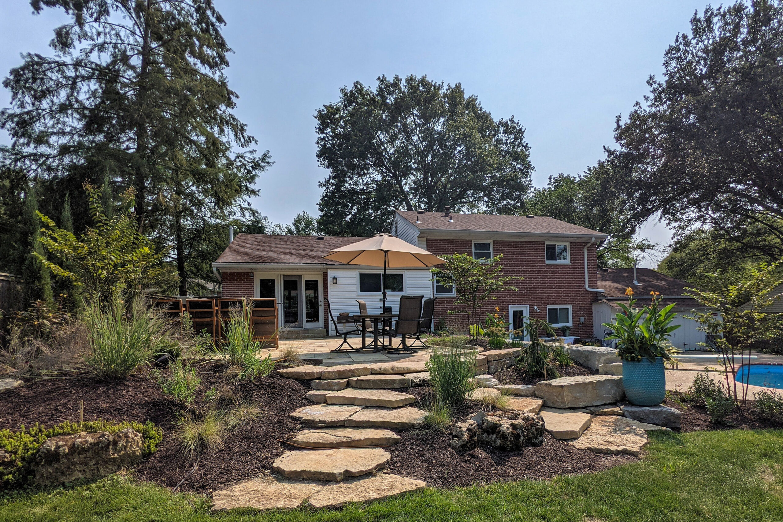 Finished stone patio surrounding a fire feature in St. Louis