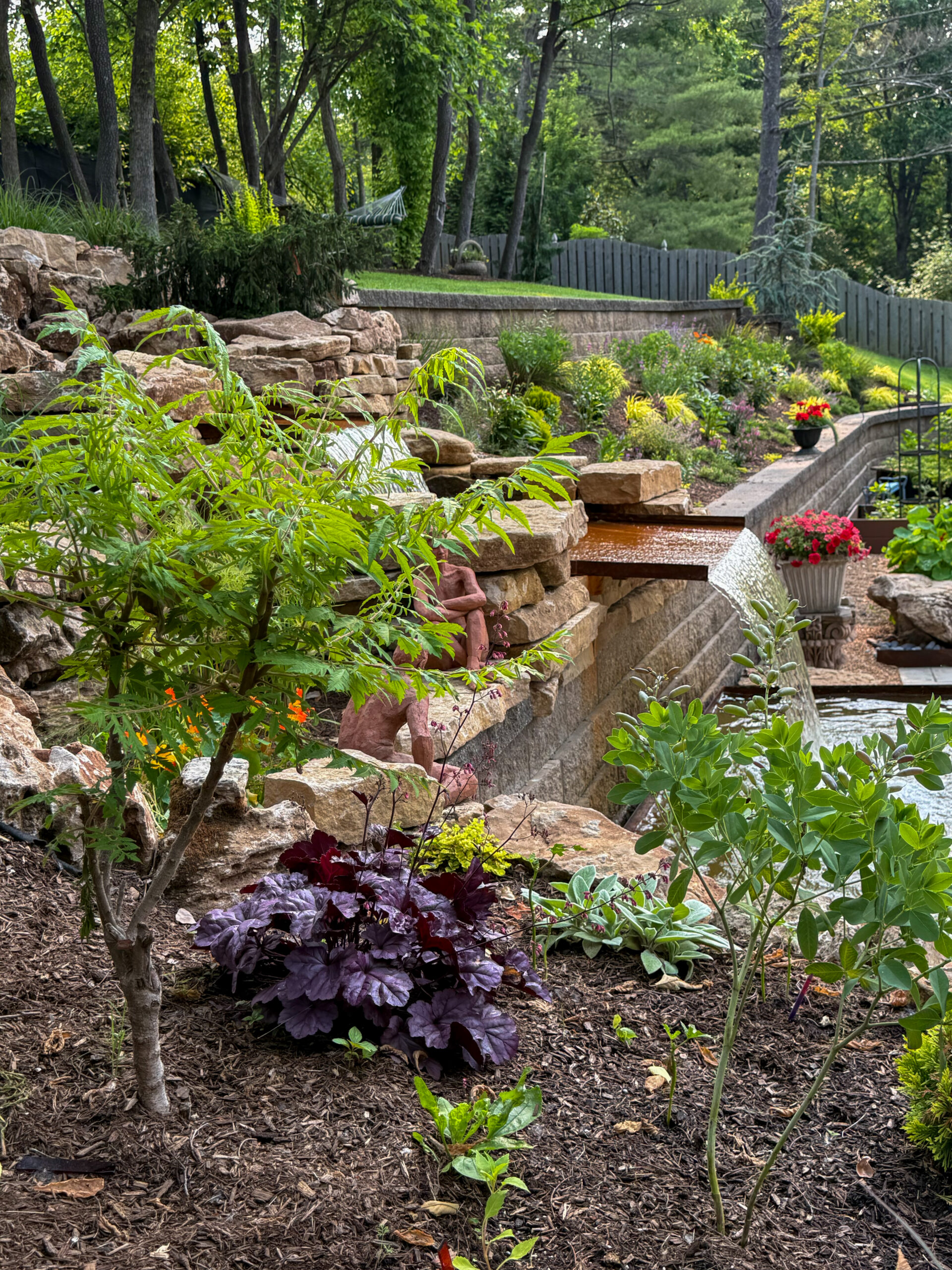 Vertical frame of the waterfall with marginal plantings, shot from standing height on the path