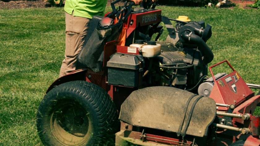 Man in a lime-green polo driving a red lawn mower on a front lawn with a flowering shrub in the background.