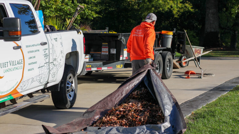 Man in orange hoodie standing beside a landscaping truck and trailer, loading a tarp with fallen leaves into a yard cleanup.