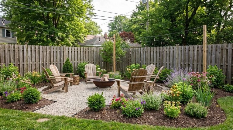 Backyard seating area with six wooden Adirondack chairs arranged around a metal fire pit on a gravel surface, string lights overhead, and a wooden fence surrounding lush flowerbeds.