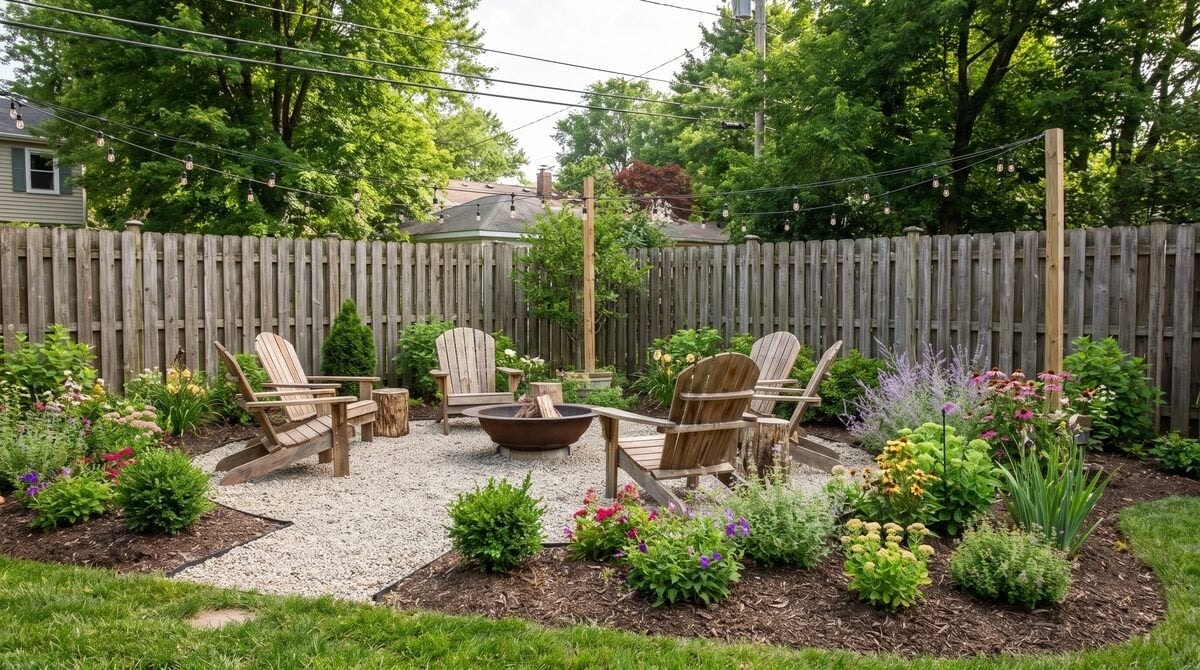 unnamed | Quiet Village Landscaping Backyard seating area with six wooden Adirondack chairs arranged around a metal fire pit on a gravel surface, string lights overhead, and a wooden fence surrounding lush flowerbeds.